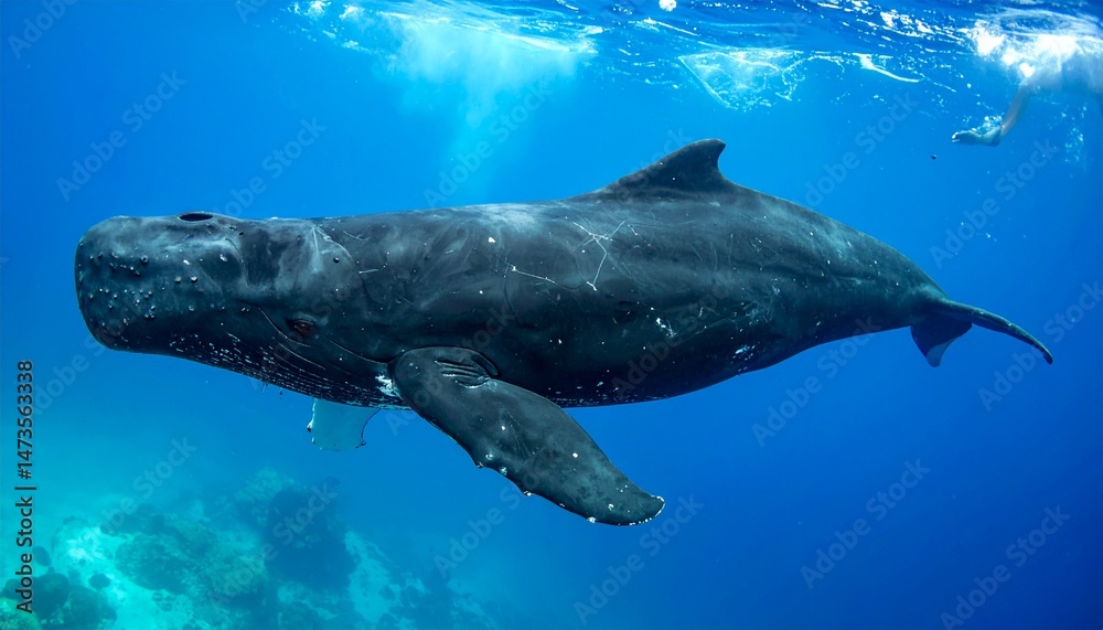 Naklejka premium Humpback whale swims peacefully underwater, its flipper extended in clear blue ocean