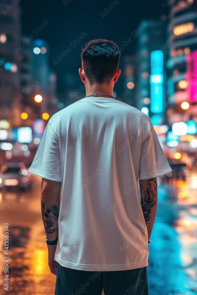 Fototapeta premium Young Man Standing in City Street at Night with Urban Lights