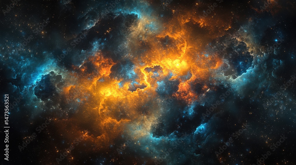 Naklejka premium Colorful Cosmic Clouds with Fiery Orange and Blue Nebulae in Outer Space Background
