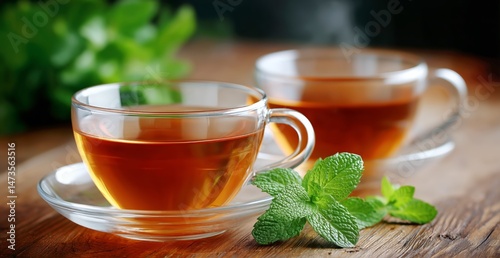 Refreshing Mint Tea Served in Clear Glass Cups on a Wooden Table With Fresh M...