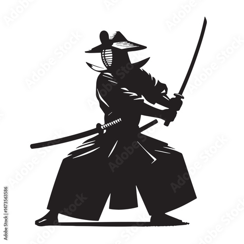 Kendo (Japan - Samurai swordsmanship) Silhouette line art vector illustration on white background