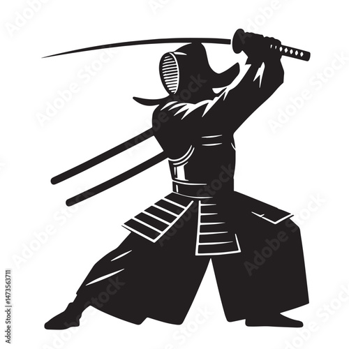 Kendo (Japan - Samurai swordsmanship) Silhouette line art vector illustration on white background