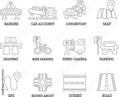 Road line art icon set.Road forks icon. Road sections of different shapes.vector icon illustration isolated on white background.Containing street, highway, traffic light, intersection symbol.