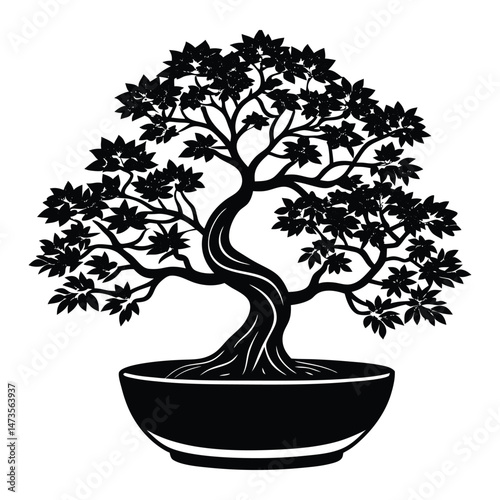Bonsai tree silhouette in a pot, zen vector logo
