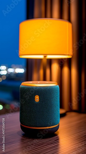 Teal Smart Speaker and Orange Table Lamp at Night