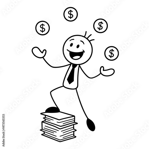 Businessman juggling money on stack of files