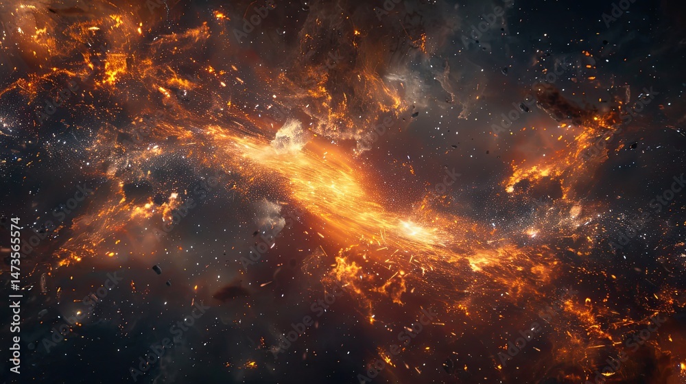 Fototapeta premium Abstract fiery galaxy with orange and black nebula clouds and scattered particles in space view
