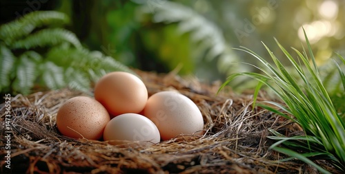 Four White Eggs Nestled in a Natural Grass Nest Among Green Foliage in a Sere...