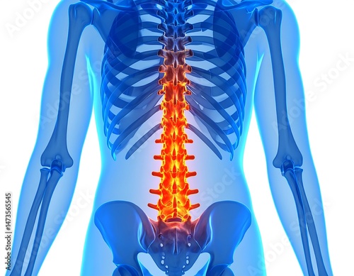 Human Anatomy Spinal Column Lumbar Vertebrae Back Pain Medical Illustration showing detailed view of the lower spine with highlighted inflammation