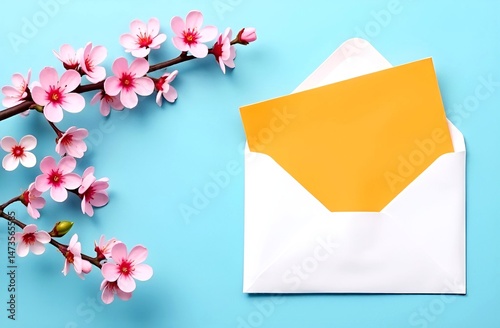 White envelope, cherry blossoms, pink sakura on blue background with copy space. Spring greeting card for Easter, Mother's day, Women's day celebrations