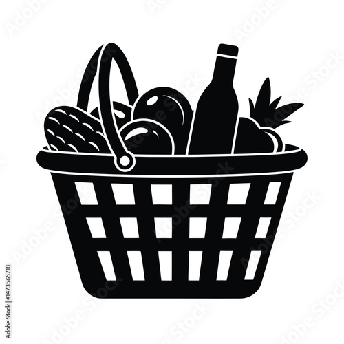 black vector silhouette grocery basket full of foots  