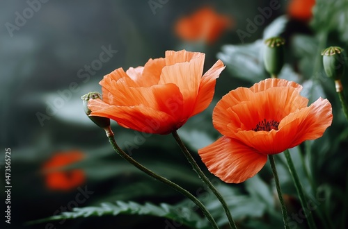 Vibrant Orange Poppies Blooming in a Misty Garden During Early Morning Light