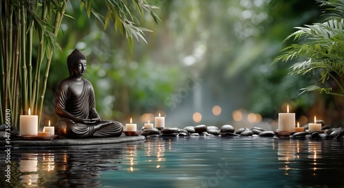 Serene Zen Garden With Buddha Statue in Tranquil Setting Surrounded by Lush G...
