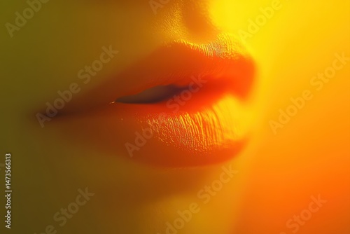 Close-up of woman's lips, softly focused, bathed in warm, golden light.  Lipstick-like, pinkish-orange hue.  Soft, blurry background