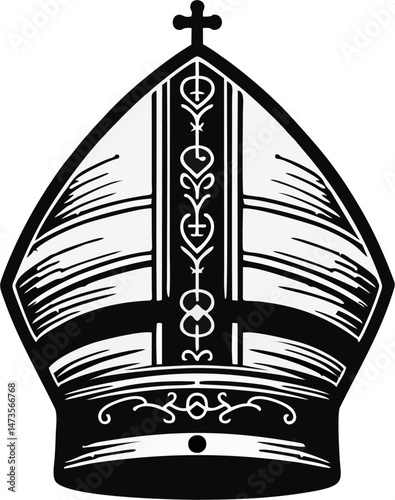 Black and White Bishop Mitre Hat with Cross – Vintage Woodcut Style Religious Headdress Vector Illustration