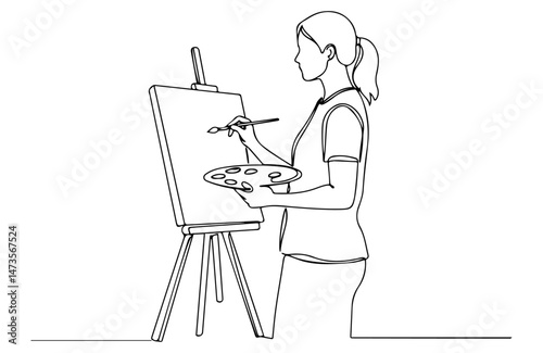 A person painting on an easel with holding palette and brush, line art style. vector illustration
