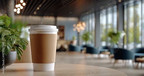 Coffee Cup on Table in Modern Cafe With Large Windows and Green Plants