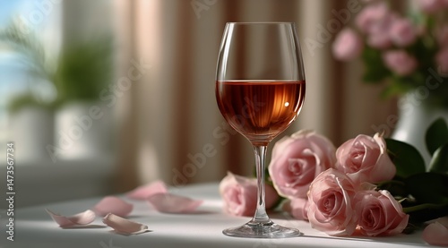 Elegant Glass of Rose Wine Beside Soft Pink Roses in a Cozy Indoor Setting