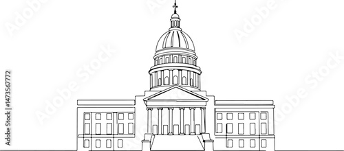 Austin Texas grand capitol building with a large dome, tall columns, line art style. vector illustration