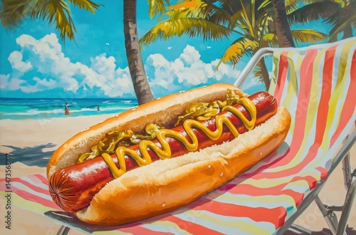 A sunny beachside composition featuring a chilled hot dog on a reclining chair