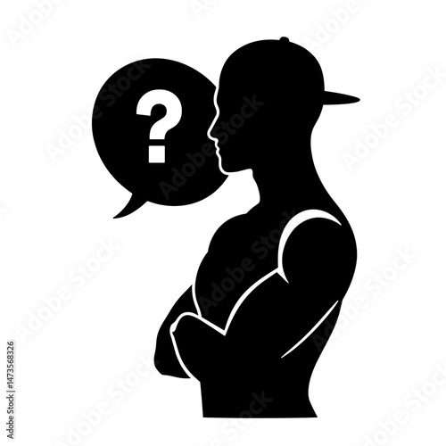 AI chatbot silhouette asking questions on white background, curiosity