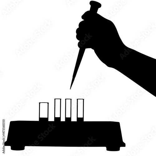 Hand holding pipette over test tray, laboratory science concept
