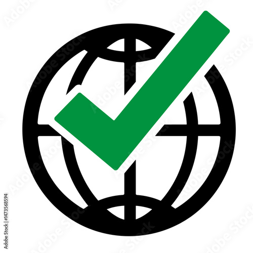 Approved visa icon silhouette with green check on globe, validation