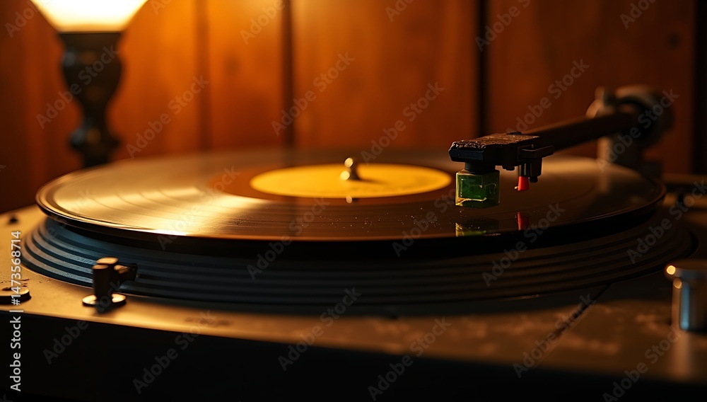 Obraz premium A close-up of a vinyl record spinning on a turntable with warm ambient lighting – evoking nostalgia, analog sound, and vintage culture.
