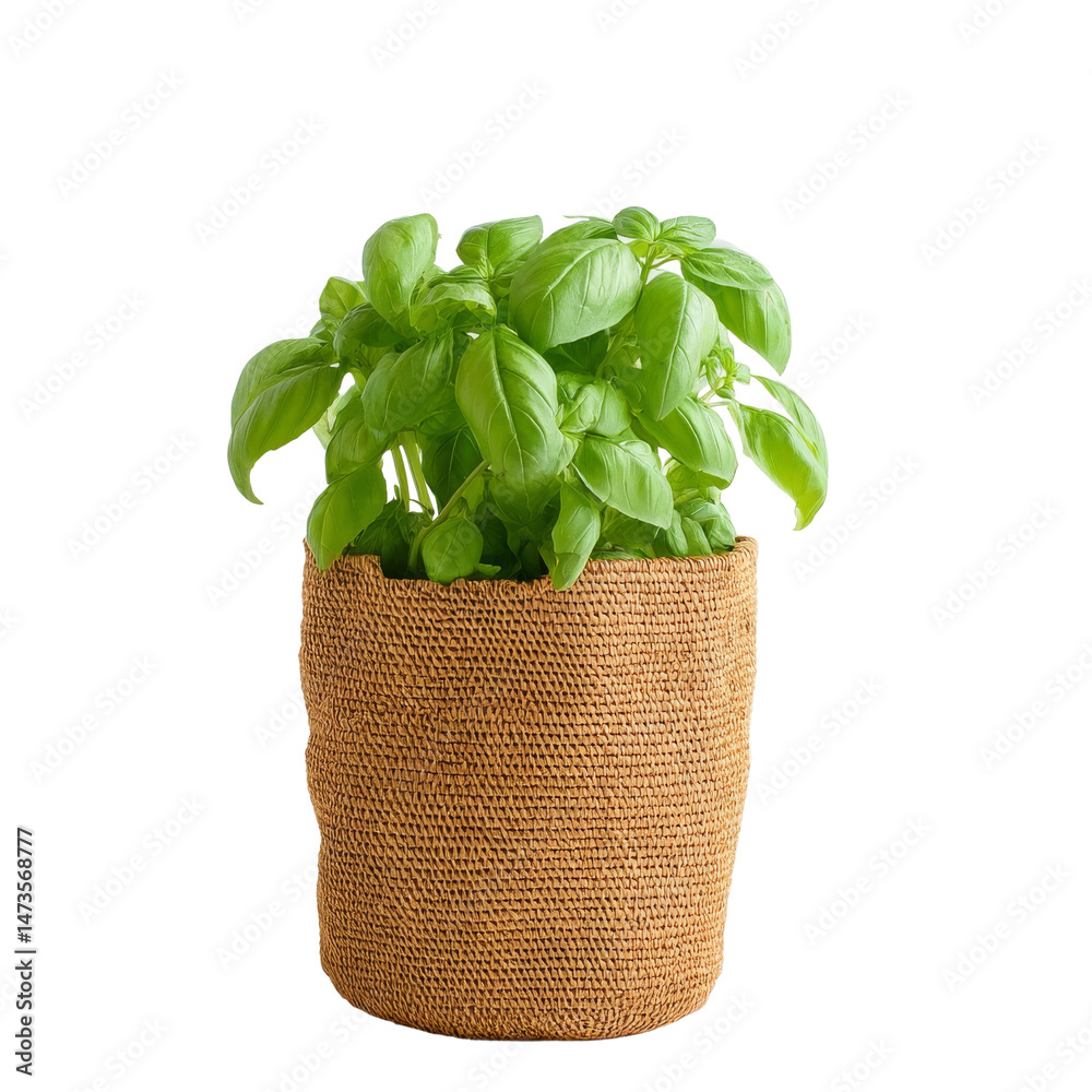 Naklejka premium Fresh green basil plant in a brown burlap pot