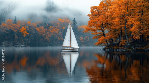 A lone sailboat glides gracefully across a tranquil lake, its white sails billowing gently in the breeze, the still waters reflecting the surrounding trees like a mirror