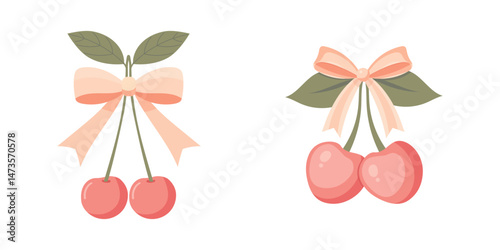 Two cherries with a bow coquette. A charming bow coquette with a pink ribbon and red cherries on a light background. A delightful Valentine's Day present.