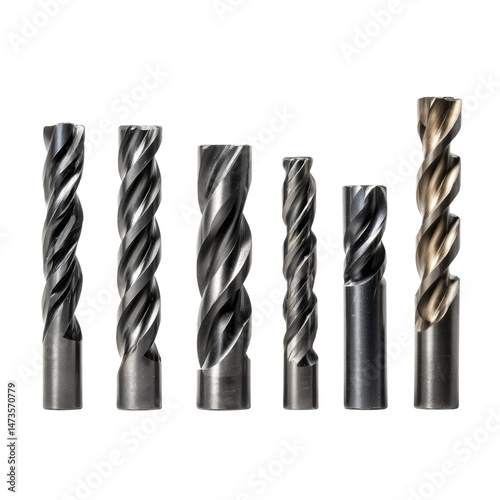 A close-up shot of a set of various drill bits, perfect for industrial usage. Showing their intricate designs and metallic sheen, all in a row