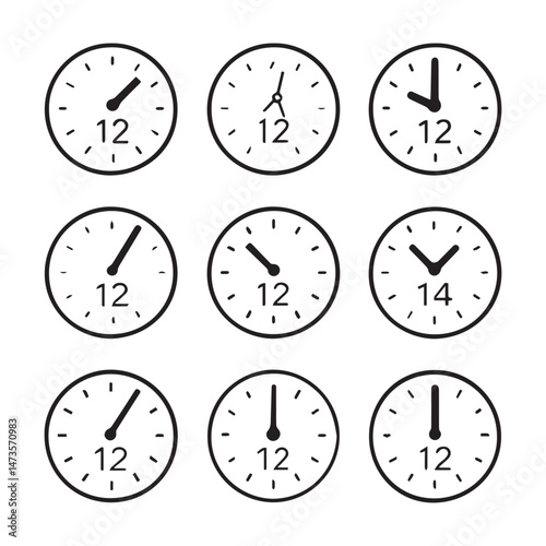 Set of Clock time icons with hands in increments of one hour
