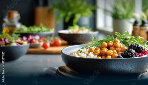 Chickpea Salad With Greens and Couscous Served at a Cozy Dinner Setting in th...