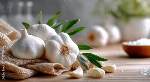 Fresh Garlic Bulbs and Green Leaves Arranged on a Rustic Wooden Surface With ...