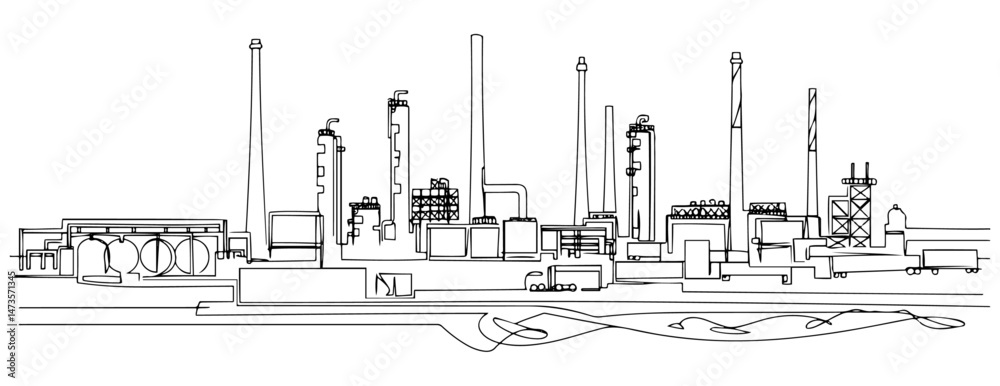 Obraz premium Line drawing of a large industrial complex, oil refinery with pipes and structures. vector illustration