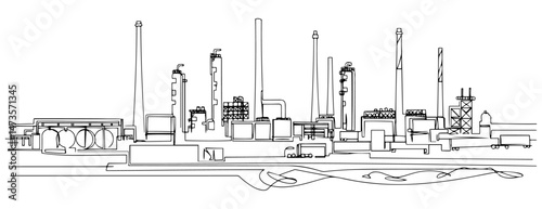 Line drawing of a large industrial complex, oil refinery with pipes and structures. vector illustration