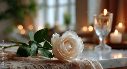 Elegant White Rose on a Beautifully Set Dining Table With Candles in Soft Eve...