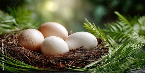 Nest With Four Eggs Surrounded by Green Ferns in a Serene Outdoor Setting Dur...