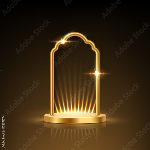 Golden podium with Islamic arch on black background. 3d empty gold award platform with glowing Muslim frame and glowing light rays. Abstract vector illustration.