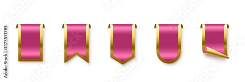Pink ribbons with golden frame set. Sales promotion tags, banners, labels, stickers isolated on white for online shopping, promotion, discount, best seller product. 3d realistic vector illustration.