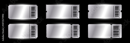 Silver empty tickets templates set. Coupon, sticker, discount tag mockups isolated on black background. Cinema, theater, concert, party, event, festival invitation entrance. Vector illustration.