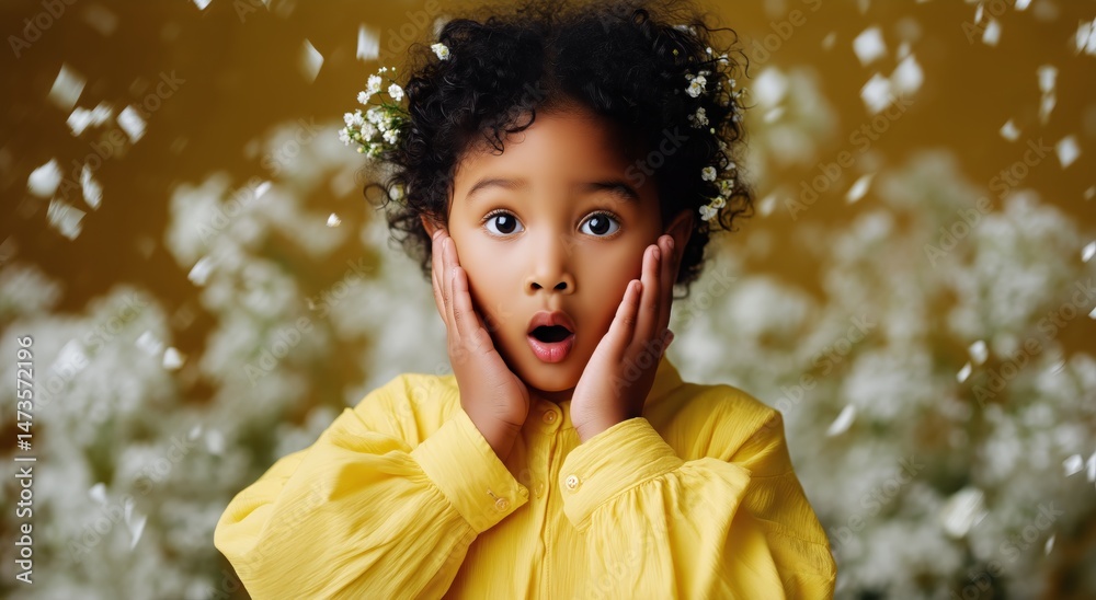 Young Girl Surprises With Joyful Expression Amidst Golden Decorations and Confetti at Festive Celebration Young Girl Surprises With Joyful Expression Amidst Golden Decorations and Confetti at Festive Celebration