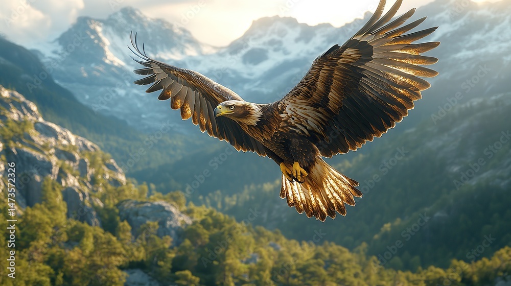 A majestic eagle with outstretched wings soars high above a rugged mountain range, its sharp eyes scanning the landscape below, a symbol of freedom and untamed wilderness A majestic eagle with outstretched wings soars high above a rugged mountain range, its sharp eyes scanning the landscape below, a symbol of freedom and untamed wilderness