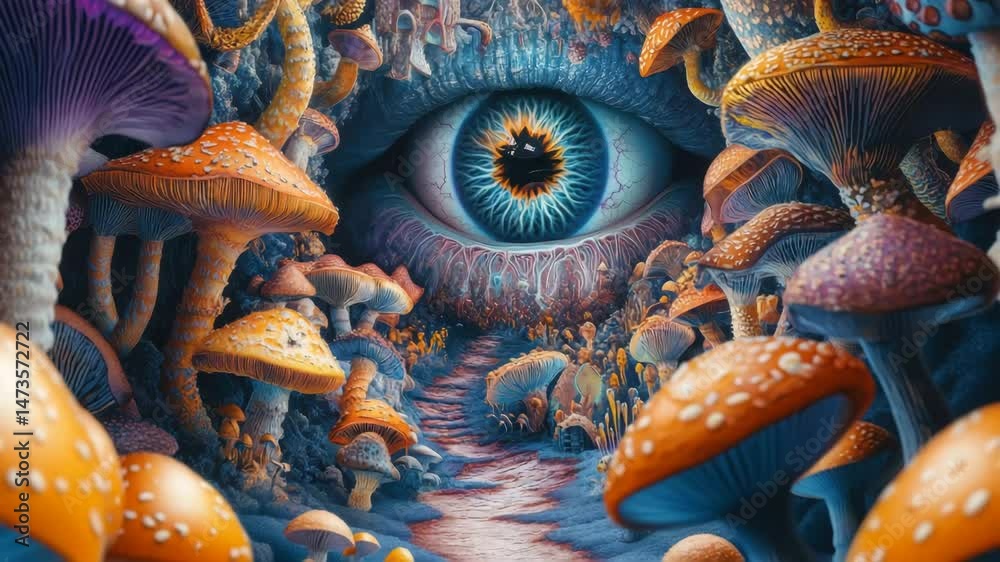 Explore the mystical realm of trippy psychedelic mushrooms and the open third eye experience in a vibrant landscape, Open third eye Trippy 3D psychedelic mushrooms magic tunnel beautiful background