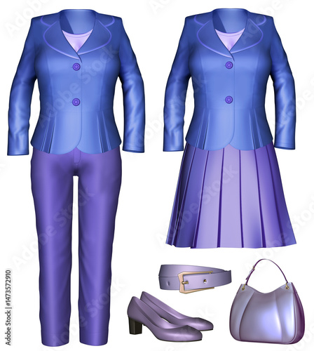 Elegant women's office clothing sets in blue and purple colors including matching tailored blazer with pants or pleated skirt, paired with shoes, belt, and handbag. 3D illustration