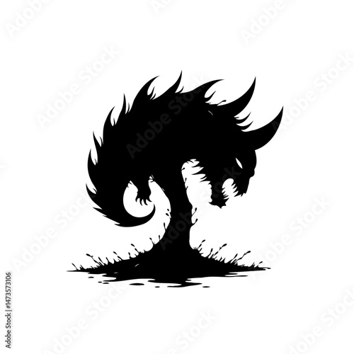 Monochrome abstract silhouette of a stylized mythical beast in bold design