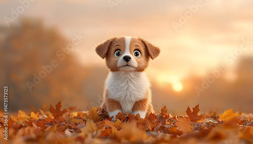 Cute Puppy Autumn Sunset Leaves.
