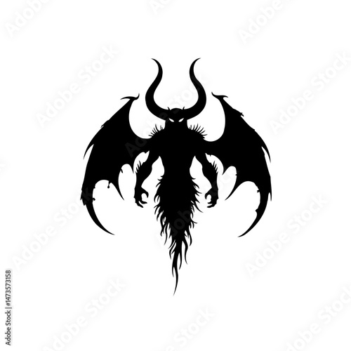 Silhouette of a winged demon with prominent horns, a menacing figure in black