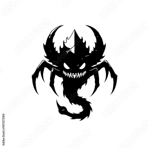 Stylized silhouette of a fantasy creature with arachnid features and sharp teeth